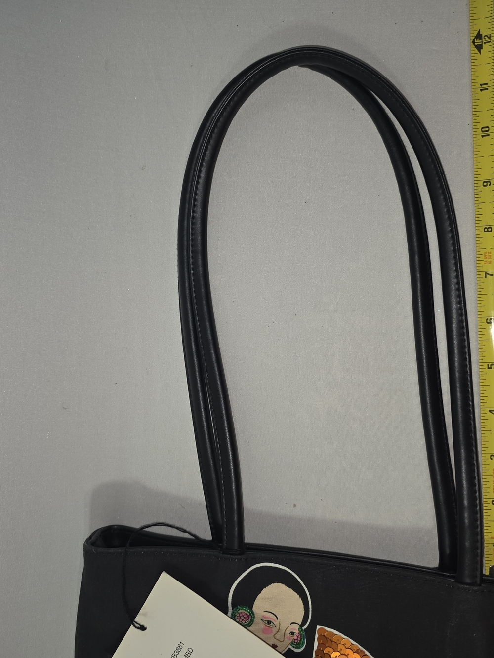Vintage Bueno Black Fabric Tote Bag with Decorative Asian Motif - Picture 8 of 16